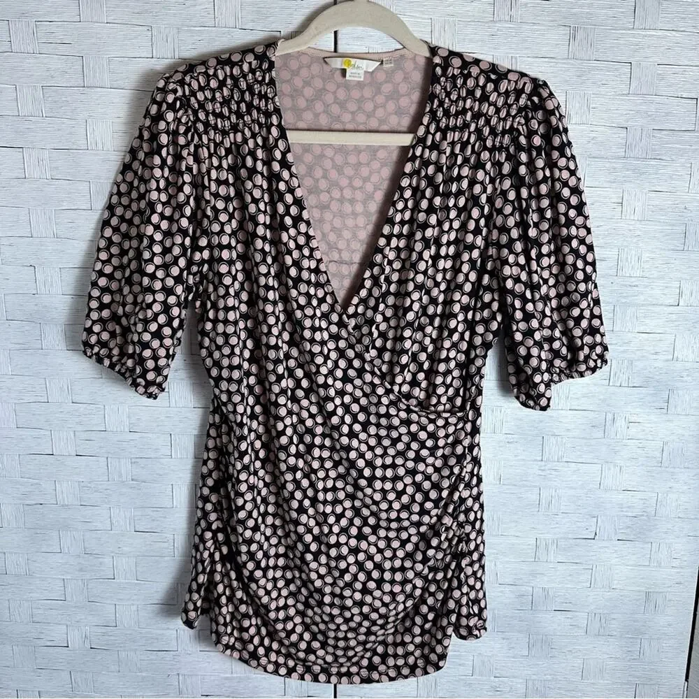 Boden 'Joanna' stretch faux wrap top ruching puff sleeve bubble‎ print soft